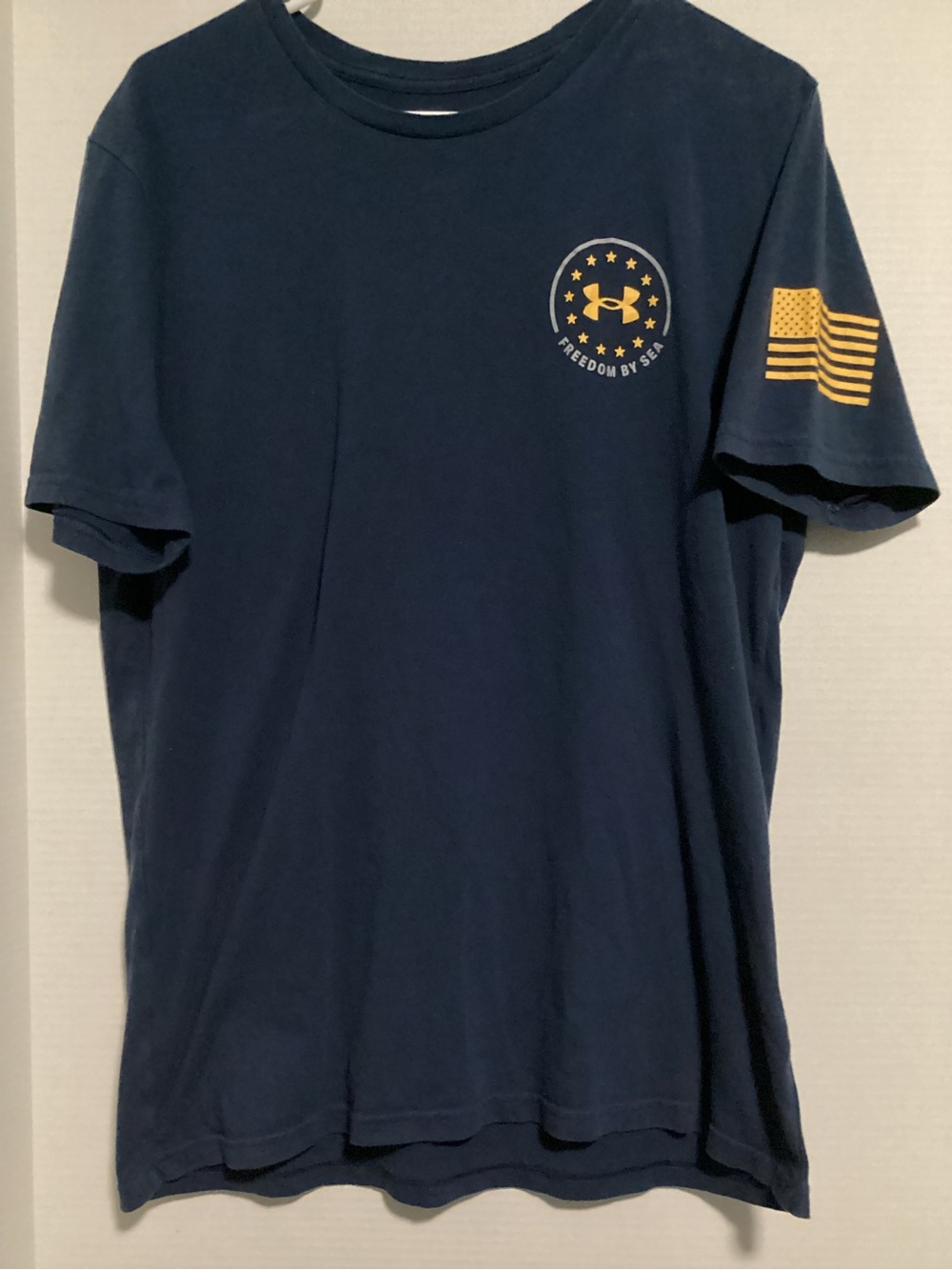Under Armour Navy Short Sleeve Tee with Gold Emblem and Flag